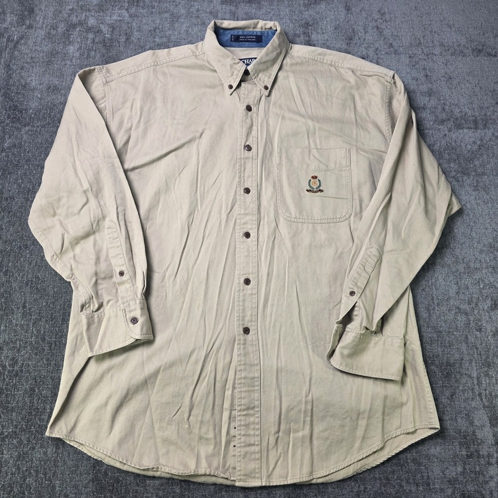 Chaps Ralph Lauren Button Down Shirt Mens Large Tan Crest Logo Cotton Preppy L